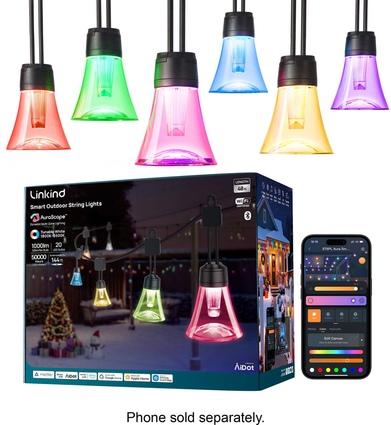 Linkind - 48ft Smart Outdoor String Lights Matter Compatible AI Effects IP67 Waterproof Works with Alexa Google Home - Black