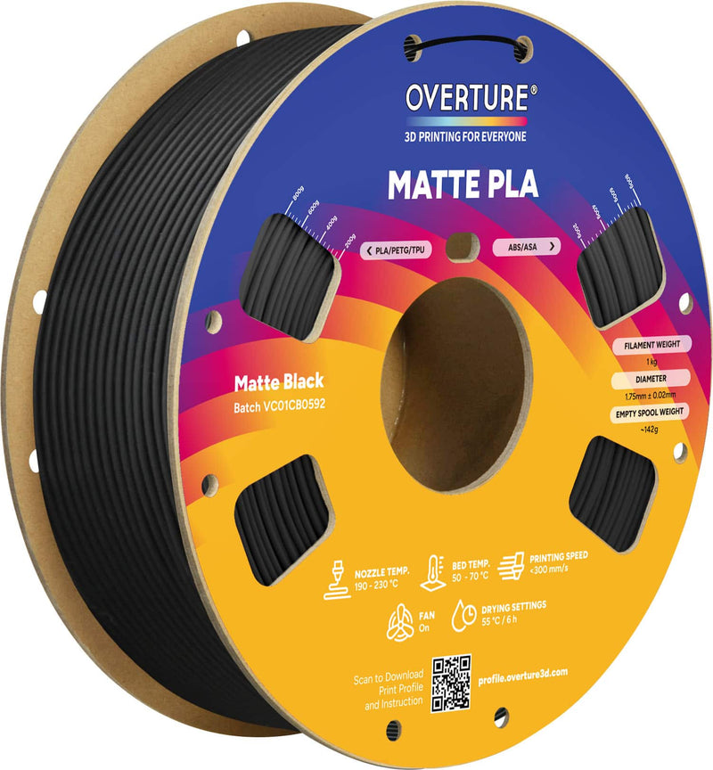 Overture - 1.75 mm Matte PLA 3D Printer Filament - Matte Black