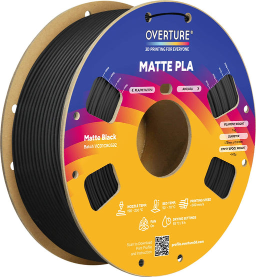 Overture - 1.75 mm Matte PLA 3D Printer Filament - Matte Black