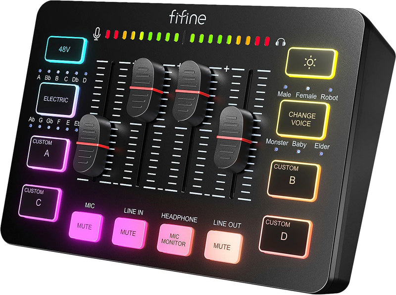 FIFINE - USB Audio Mixer - 4 Channel Audio Interface with RGB for Gaming Streaming Content Creation - Black