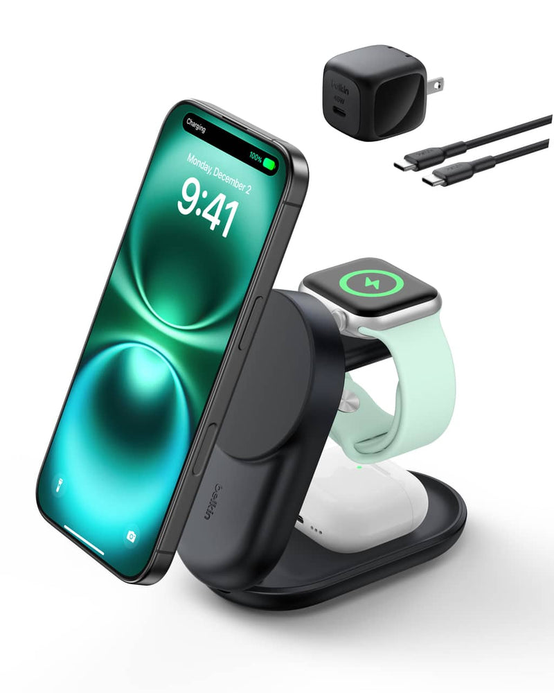 Belkin - 3-in-1 Foldable Magnetic Charging Stand 25W Qi2 MagSafe compatible charge iPhone compact travel-friendly design - Black