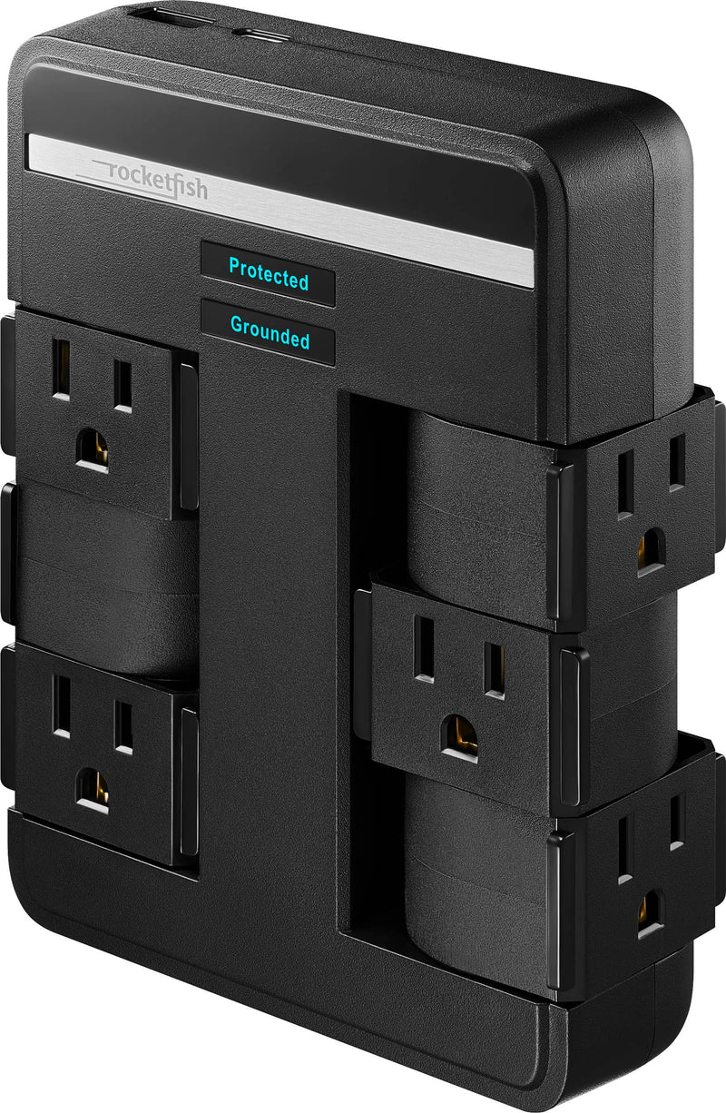 Rocketfish - 6-Outlet/1-USB/1-USB-C Swivel Wall Tap 2100 Joules Surge Protector - Black