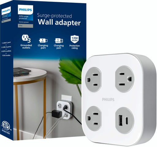 Philips - Surge Tap 3 Grounded Outlets 1 USB-A 1 USB-C 17W 1350J - White