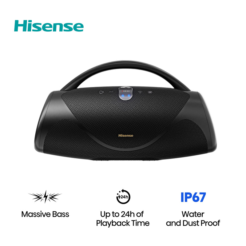 Hisense - Portable Bluetooth Speaker with rechargable battery ambient lighting Auracast FM radio IP67 - Black