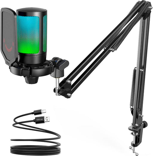 FIFINE - Gaming Microphone and Stand Bundle - USB Cardioid Condenser with RGB - Black