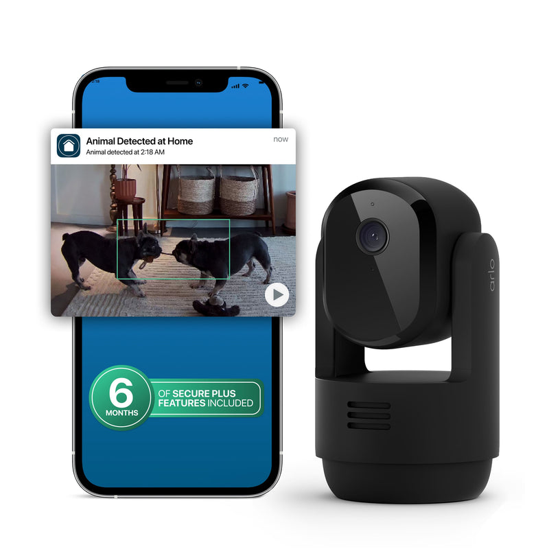 Arlo - Essential Pan Tilt Indoor Security Camera 2K - Wired Plug-In Powered Privacy Mode 1-Cam + 6 Months Secure Plus Plan - Black