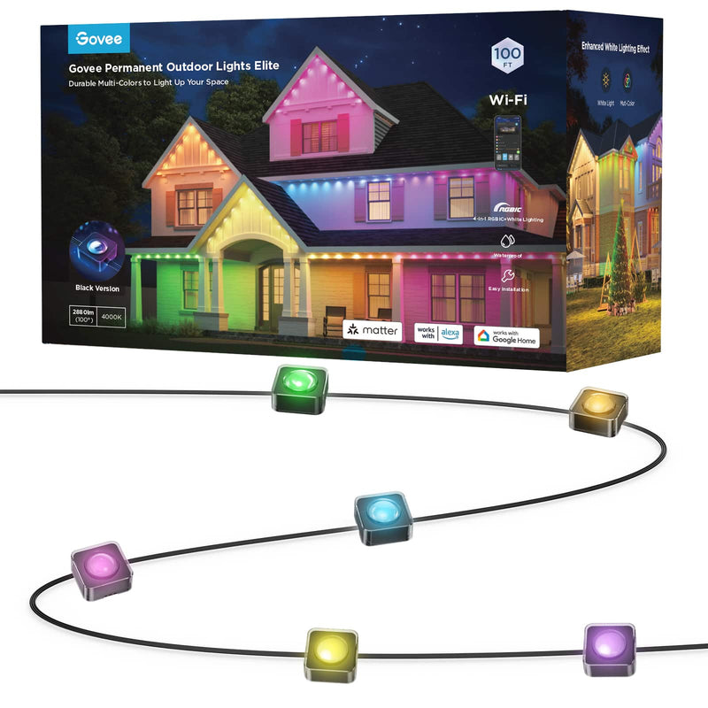 Govee - Wi-Fi RGBIC Outdoor Permanent String Lights 100ft - Black