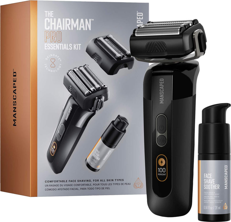 Manscaped - The Chairman Pro Essentials Kit Rechargeable Wet/Dry Electric Foil Face Shaver and SkinSafe Stubble Trimmer - Black