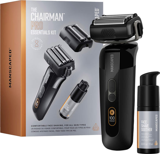 Manscaped - The Chairman Pro Essentials Kit Rechargeable Wet/Dry Electric Foil Face Shaver and SkinSafe Stubble Trimmer - Black
