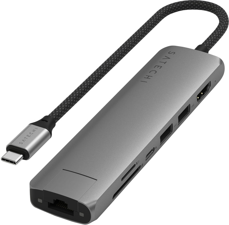 Satechi - 7-in-1 USB-C Slim Multiport Adapter w/ Ethernet 4K HDMI 60W USB-C 2 USB-A SD/Micro Readers for Mac  Windows - Space Gray