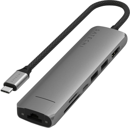Satechi - 7-in-1 USB-C Slim Multiport Adapter w/ Ethernet 4K HDMI 60W USB-C 2 USB-A SD/Micro Readers for Mac  Windows - Space Gray