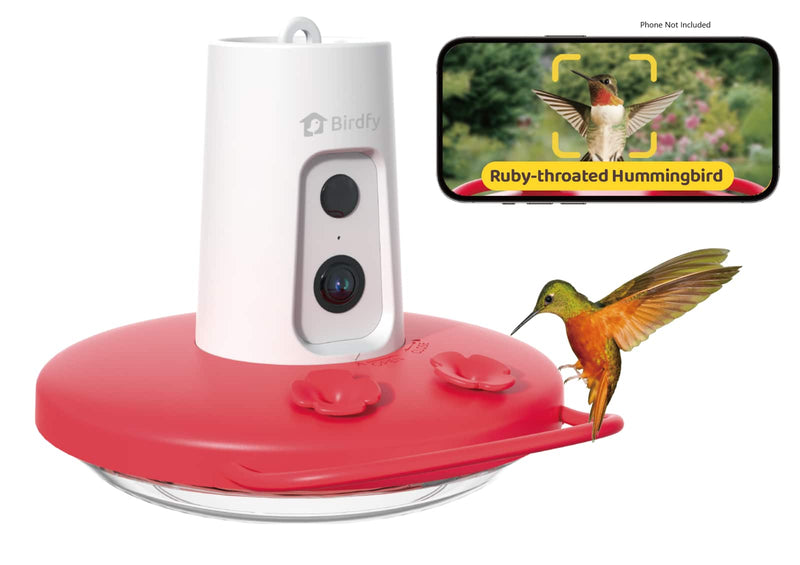 BIRDFY - Humming Bird Feeder with Camera 1080P FHD Hummingbird Feeder Camera with Ant Moat - RedWhite