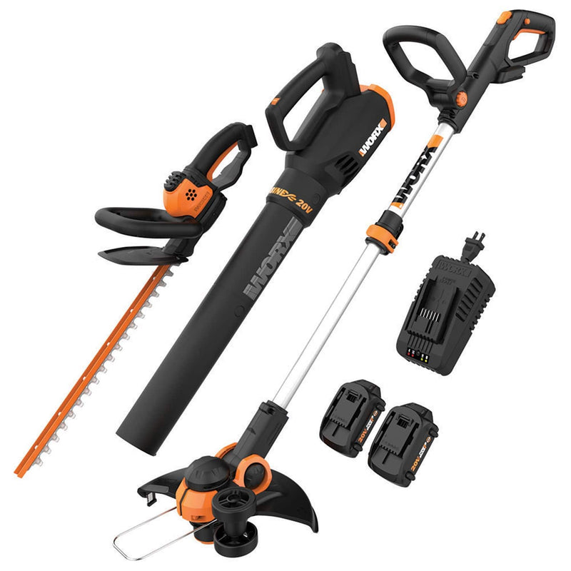 WORX - 20V Cordless Grass Trimmer Hedge Trimmer and Leaf Blower Combo Kit (2 x 2.0 Ah Batteries  1 x Charger) - Black
