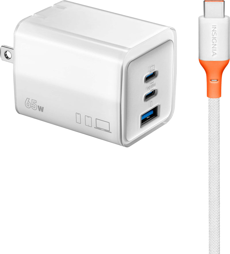 Insignia - 65W Wall Charger with 6 ft. USB-C Cable for Smartphones Tablets Laptops and More - White