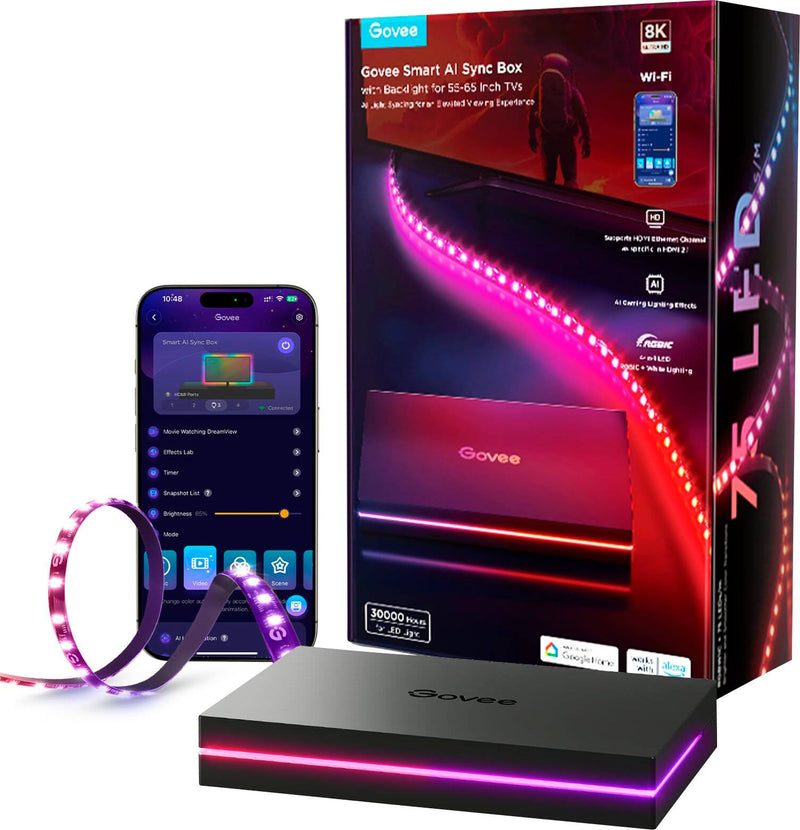 Govee - AI Gaming  TV Sync Box Kit 2 with HDMI 2.1 4K144Hz 4-in-1 RGBWIC Lighting for 5565 inch TVs - Multi