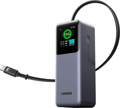 UGREEN - Nexode 165W 20000mAh Power Bank with Retractable Cable 3-Port Portable Charger for Laptops Tablets Cell Phones - Black