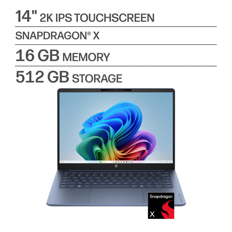 HP - OmniBook 3 - 14" 2K Touchscreen Laptop - Snapdragon X - 16GB Memory - 512GB SSD - Copilot+ PC - Starlit Blue