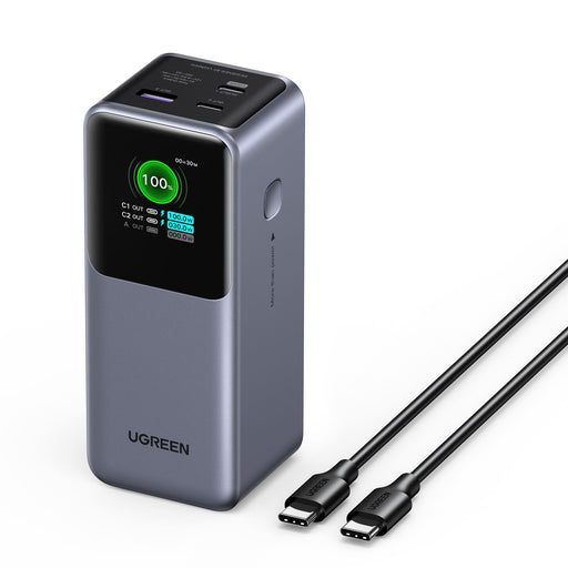 UGREEN - Nexode 130W 20000mAh Power Bank with Smart TFT Display 3-Port Portable Charger for Laptops Tablets Cell Phones - Black
