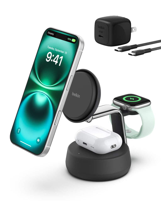 Belkin - UltraCharge Pro 3-in-1 Qi2 25W Magnetic Wireless Charging Dock for iPhone Apple Watch and AirPods - Charcoal