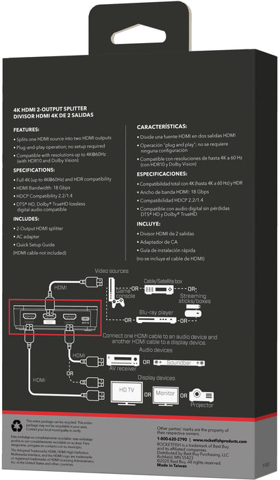 Rocketfish - 2-Output HDMI Splitter with 4K at 60Hz and HDR Pass-Through - Black