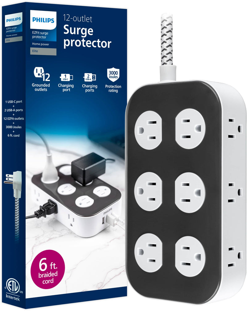 Philips Surge Protector 12 Outlet 2 USB-A 1 USB-C 3000J Braided Cord 6ft - Dark Gray  Arctic White