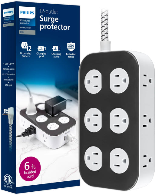Philips Surge Protector 12 Outlet 2 USB-A 1 USB-C 3000J Braided Cord 6ft - Dark Gray  Arctic White