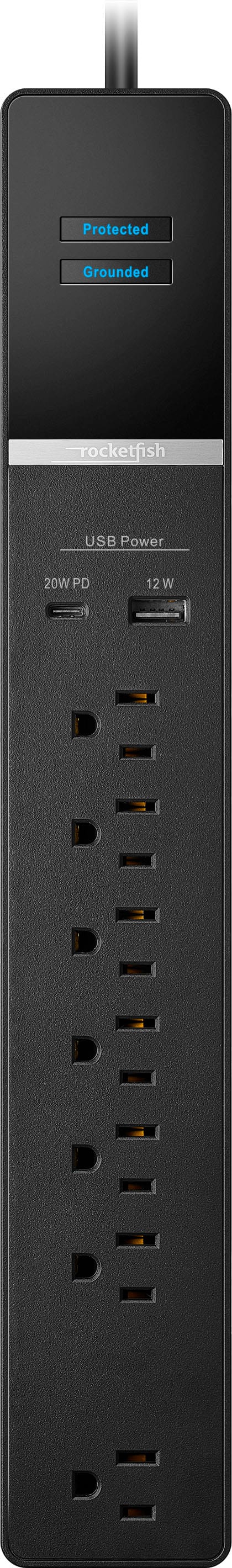 Rocketfish - 7-Outlet/1-USB/1-USB-C 2160 Joules Surge Protector Strip - Black