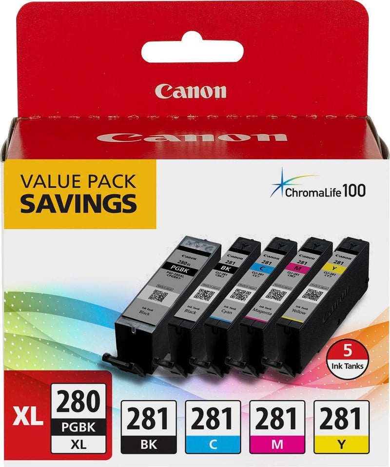 Canon PGI-280 XL/CLI-281 5-Pk High-Yield Blk Std Cap Ink Cartridges Blk/Cyan/Magenta/Yel