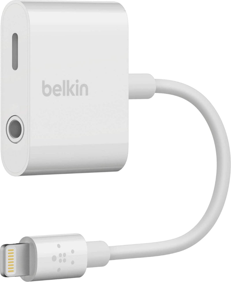 Belkin - RockStar Lightning to 3.5mm Audio Cable + Audio Charger Splitter 2-in-1 Aux iPhone Headphone and Charger Adapter - White