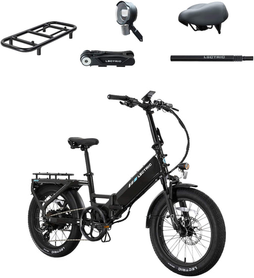 Lectric eBikes - XP4 750 Step-Thru Foldable Long-Range eBike (Max 85mi/28mph) + LevelUp Rack/Comfort Seat/Seat Post/Elite Headlight/Lock - Tempest Grey
