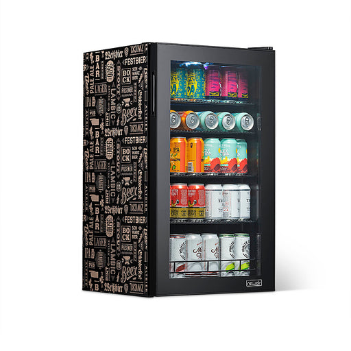 NewAir - 126-Can Beverage Cooler with “Beers of the World Custom Wrap Glass Door Custom SplitShelf and 7 Temperature Settings - Black