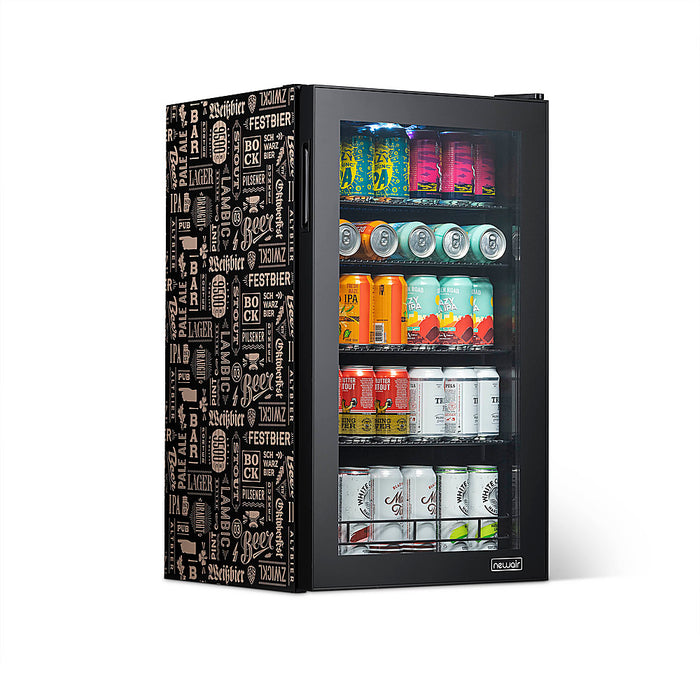 NewAir - 126-Can Beverage Cooler with “Beers of the World Custom Wrap Glass Door Custom SplitShelf and 7 Temperature Settings - Black