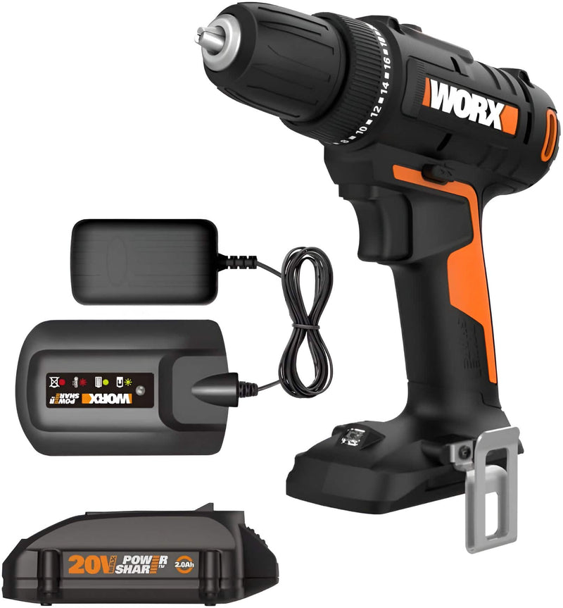 WORX - WX100L Power Share 20V 3/8" Drill/Driver (1 x 2.0Ah Battery  1 x Charger Included) - Black
