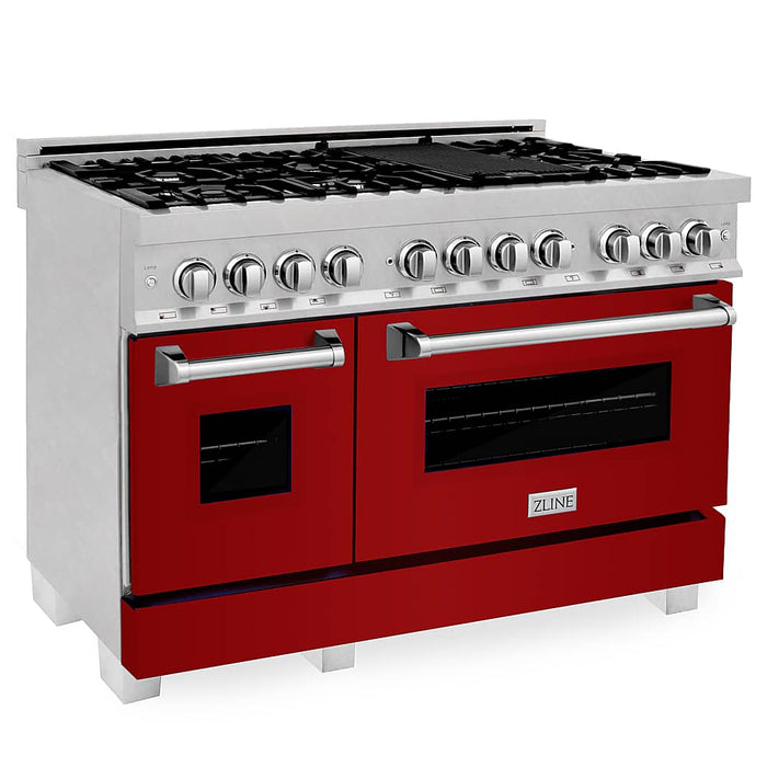 ZLINE - 48" Legacy Dual Fuel Range in DuraSnow Stainless Steel  Red Gloss Doors (RAS-RG-48) - Gloss Red