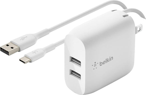 Belkin - 24W Dual Port USB Wall Charger with USB-C Cable - Fast Charging for iPhone Galaxy  Pixel  More - White