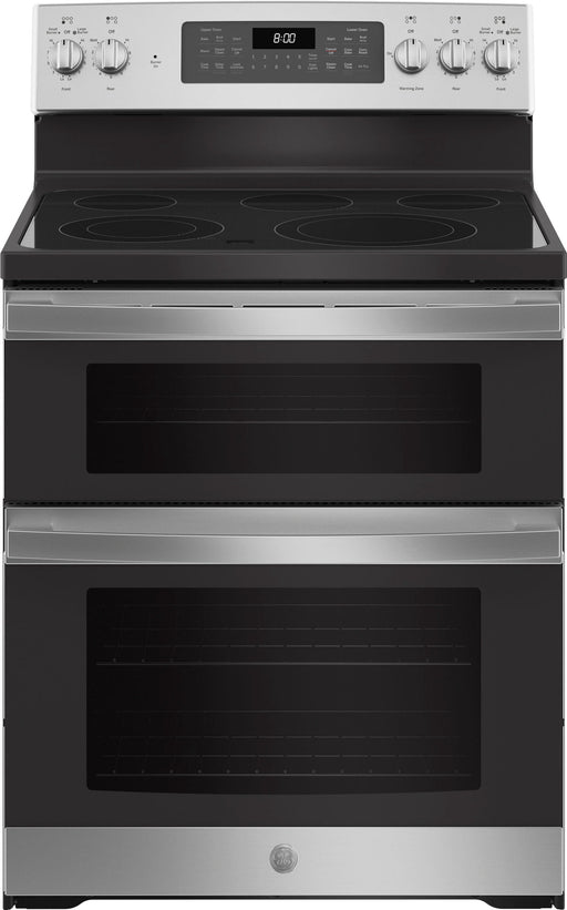 GE - 6.6 Cu. Ft. Freestanding Double Oven Electric Convection Range with Self-Steam Cleaning and No-Preheat Air Fry - Stainless Steel