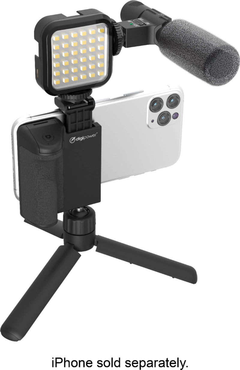 Digipower - Follow ME Vlogging Kit for Phones and Cameras  Includes Microphone LED light Bluetooth remote phone grip and tripod - Black