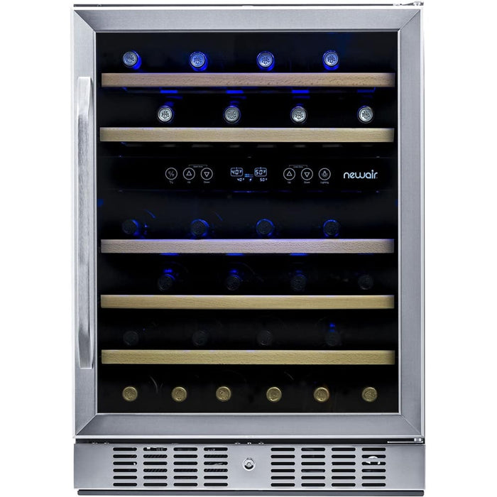 NewAir - 24 46-Bottle Dual Zone Built-in Wine Fridge with Beech Wood Shelves and Recessed Kickplate - Stainless Steel