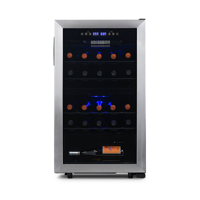 NewAir - Freestanding 28 Bottle Dual Zone Compressor Wine Fridge with Adjustable Racks and Exterior Digital Thermostat - Stainless Steel