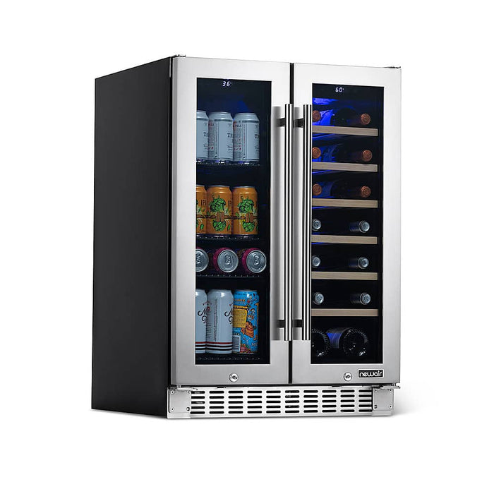 NewAir - 24 Built-in Dual Zone 18 Bottle and 58 Can French Door Wine and Beverage Fridge with SplitShelf and Recessed Kickplate - Stainless Steel