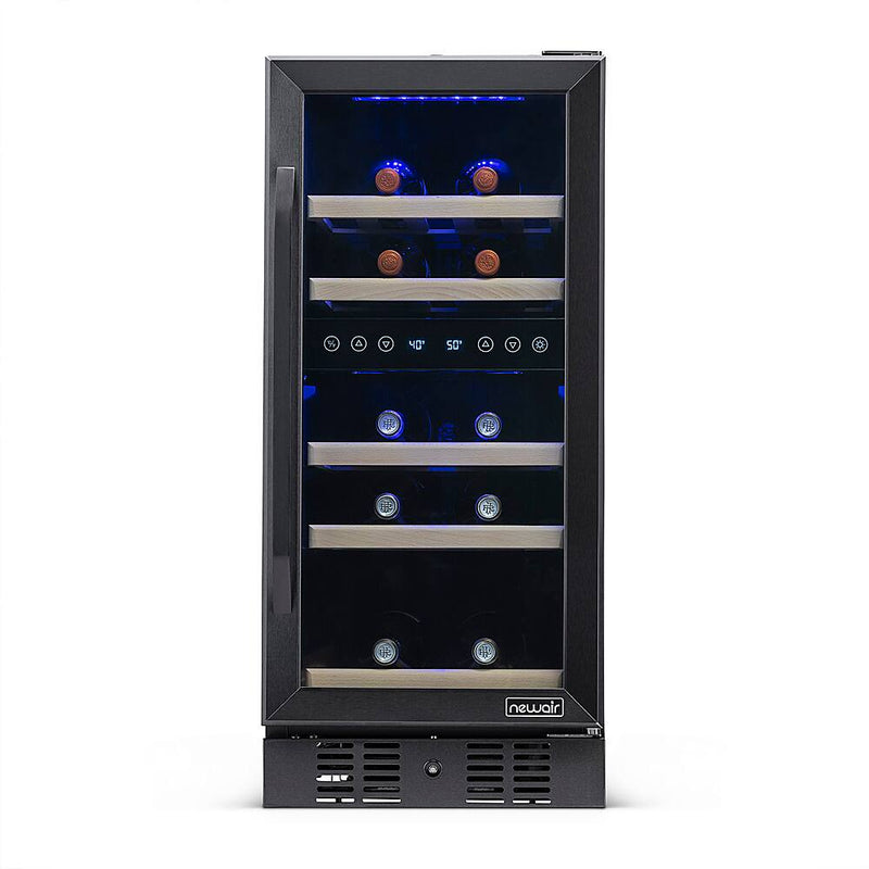 NewAir - 15 Built-in 29 Bottle Dual Zone Compressor Wine Fridge with Beech Wood Shelves - Black Stainless Steel