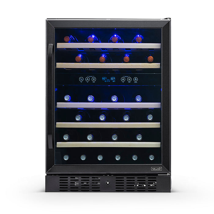 NewAir - 24 Built-in 46 Bottle Dual Zone Compressor Wine Fridge with Beechwood Shelves - Black Stainless Steel