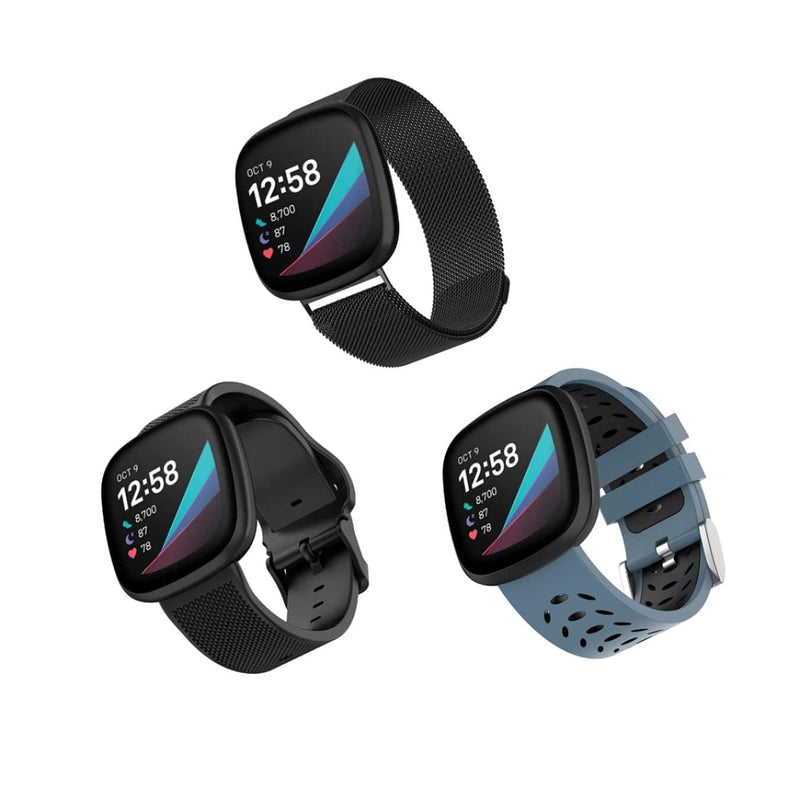 WITHit - Band Kit for Fitbit Versa 3 and Fitbit Sense (3-Pack) - Black Mesh/Bluestone Sport  Black Woven Silicone