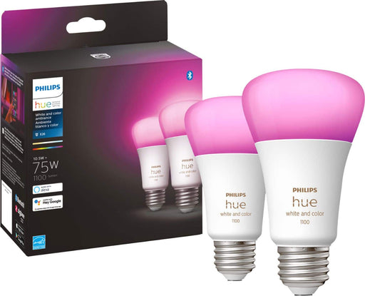 Philips - Hue A19 Bluetooth 75W Smart LED Bulb (2-Pack) - White and Color Ambiance