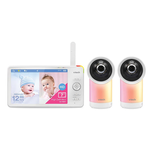 VTech - 2 Camera 1080p Smart WiFi Remote Access 360 Degree Pan  Tilt Video Baby Monitor with 7 Display Night Light - White