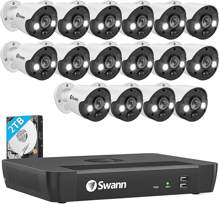 Swann Professional 16-Channel 16 Camera Indoor/Outdoor Wired 4K UHD PoE Wired 2TB NVR Security Surveillance System - Black