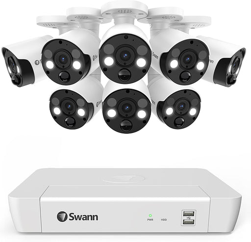 Swann Professional 8-Channel 8-Spot Light Camera Indoor/Outdoor Wired 4K HD PoE 2TB NVR Security Surveillance System - White