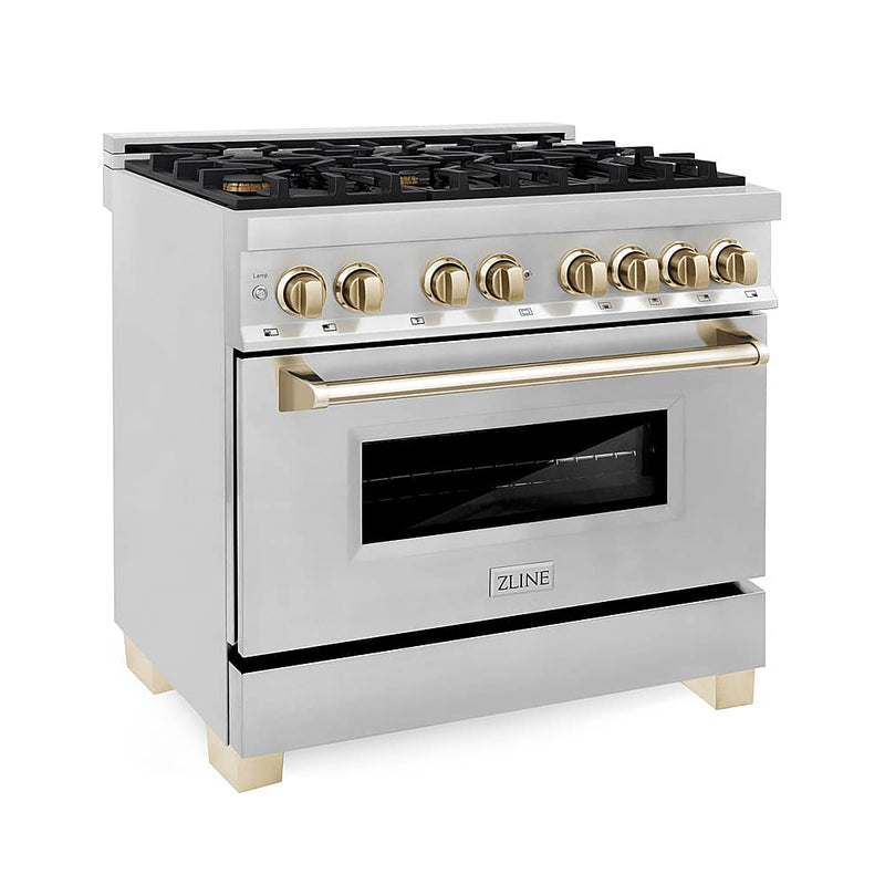 ZLINE - Autograph 36" Legacy Dual Fuel Range w/ 6 Burners  Polished Gold Accents (RAZ-36-G) - Stainless Steel/Polished Gold Accents