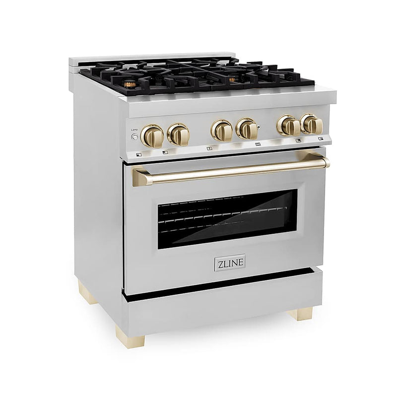 ZLINE - Autograph 30" Legacy Dual Fuel Range w/ 4 Burners  Polished Gold Accents (RAZ-30-G) - Stainless Steel/Polished Gold Accents