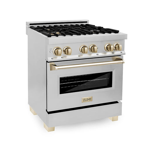 ZLINE - Autograph 30" Legacy Dual Fuel Range w/ 4 Burners  Polished Gold Accents (RAZ-30-G) - Stainless Steel with Polished Gold Accents